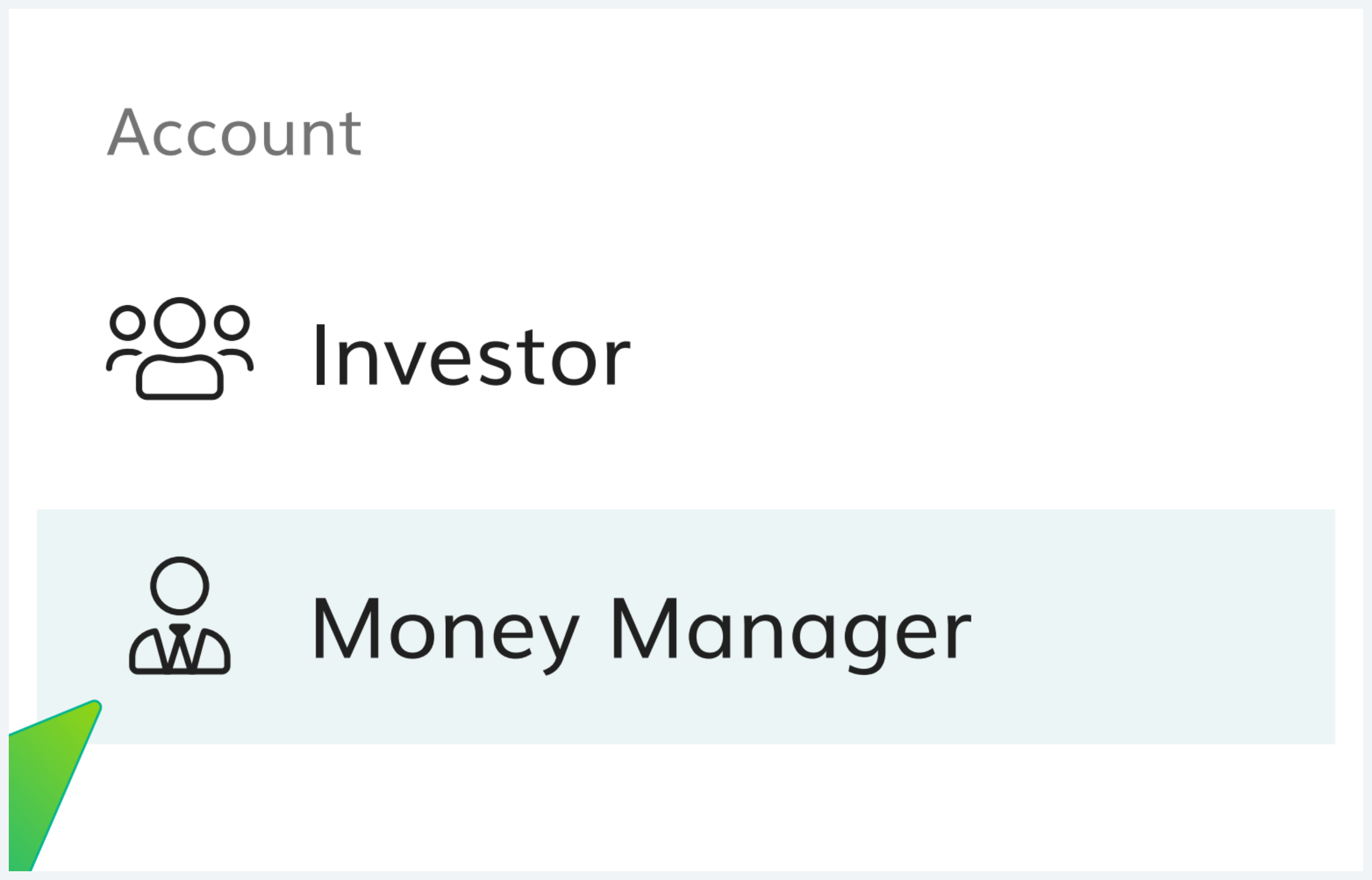 Account type selector Money Manager option